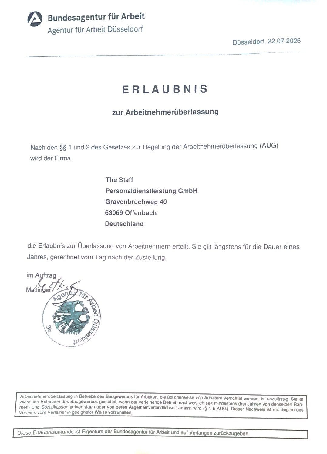 Erlaubnis zur Arbeitnehmerüberlassung